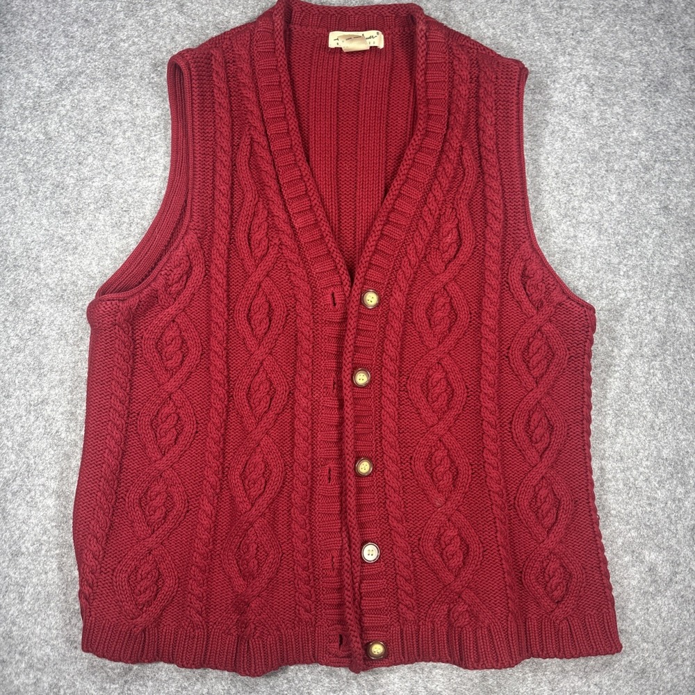 VTG Eddie Bauer Cable Knit Sweater Vest Cardigan Womens LG Red Cozy Grannycore